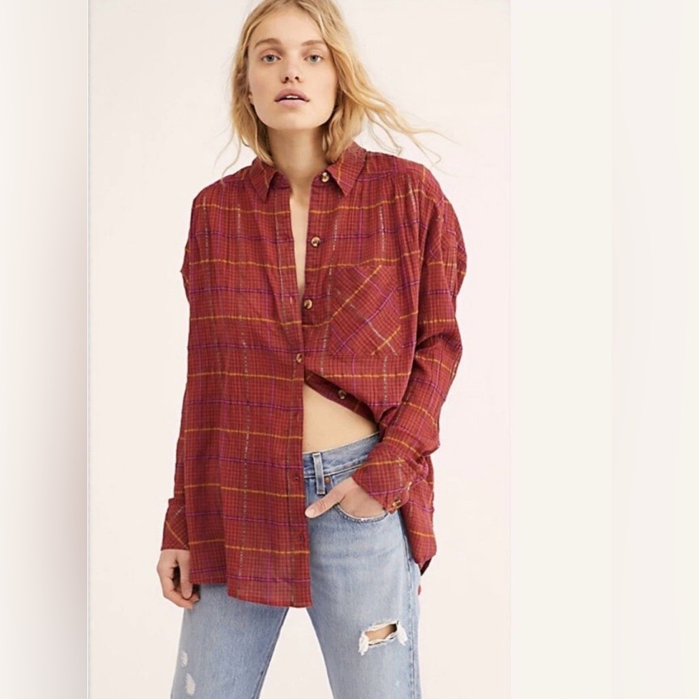 Free People Break My Stride Buttondown Top Red Combo